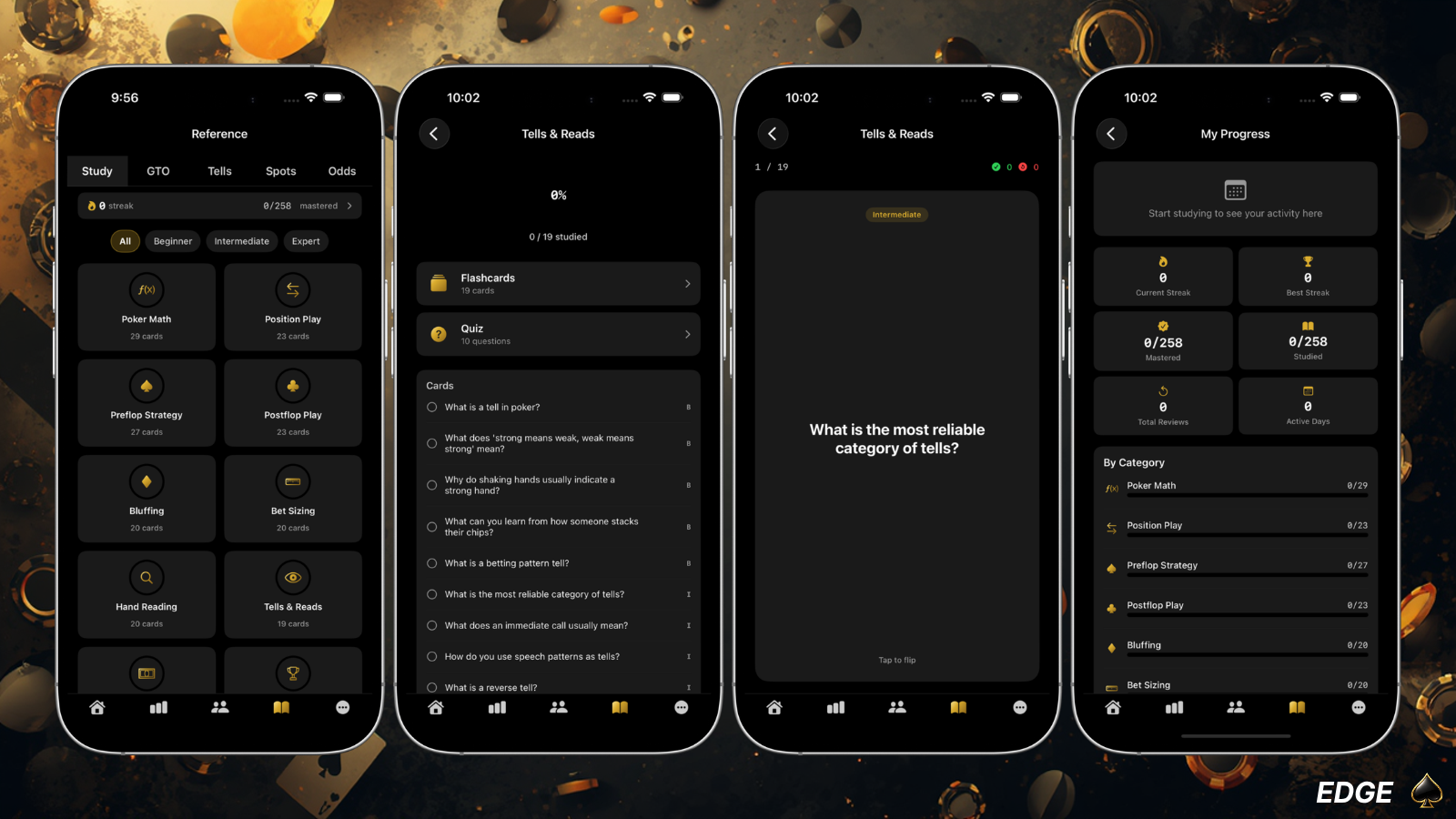 EDGE Poker study hub with flashcards, quizzes, streaks, and badges